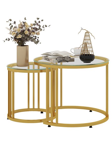 HOMCOM Round Coffee Tables Set of 2, Nesting Tables with Tempered Glass Top and Steel Frame, 60cmx60cmx47cm, Gold Tone - pic 26979 | FastDaddyshop