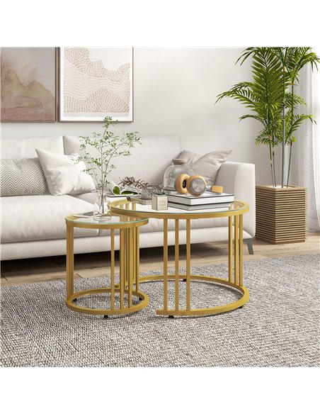 HOMCOM Round Coffee Tables Set of 2, Nesting Tables with Tempered Glass Top and Steel Frame, 60cmx60cmx47cm, Gold Tone - pic 26980 | FastDaddyshop