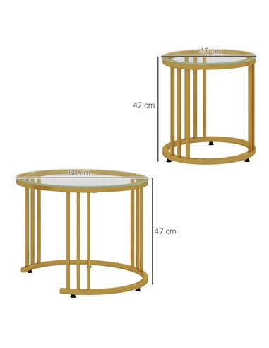 HOMCOM Round Coffee Tables Set of 2, Nesting Tables with Tempered Glass Top and Steel Frame, 60cmx60cmx47cm, Gold Tone