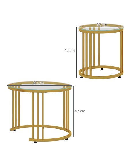 HOMCOM Round Coffee Tables Set of 2, Nesting Tables with Tempered Glass Top and Steel Frame, 60cmx60cmx47cm, Gold Tone - pic 26981 | FastDaddyshop