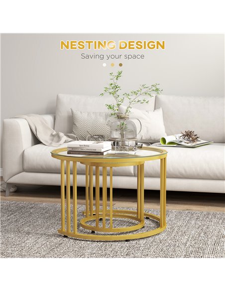 HOMCOM Round Coffee Tables Set of 2, Nesting Tables with Tempered Glass Top and Steel Frame, 60cmx60cmx47cm, Gold Tone - pic 26982 | FastDaddyshop