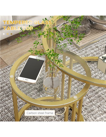 HOMCOM Round Coffee Tables Set of 2, Nesting Tables with Tempered Glass Top and Steel Frame, 60cmx60cmx47cm, Gold Tone - pic 26983 | FastDaddyshop