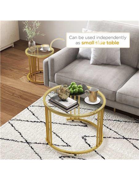 HOMCOM Round Coffee Tables Set of 2, Nesting Tables with Tempered Glass Top and Steel Frame, 60cmx60cmx47cm, Gold Tone - pic 26984 | FastDaddyshop
