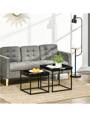 HOMCOM Modern Coffee Table Set of 2, Square Nest of Tables with Steel Frame and High Gloss Effect for Living Room, Black