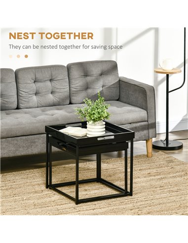 HOMCOM Modern Coffee Table Set of 2, Square Nest of Tables with Steel Frame and High Gloss Effect for Living Room, Black