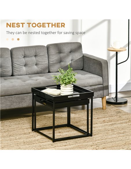 HOMCOM Modern Coffee Table Set of 2, Square Nest of Tables with Steel Frame and High Gloss Effect for Living Room, Black - pic 27000 | FastDaddyshop