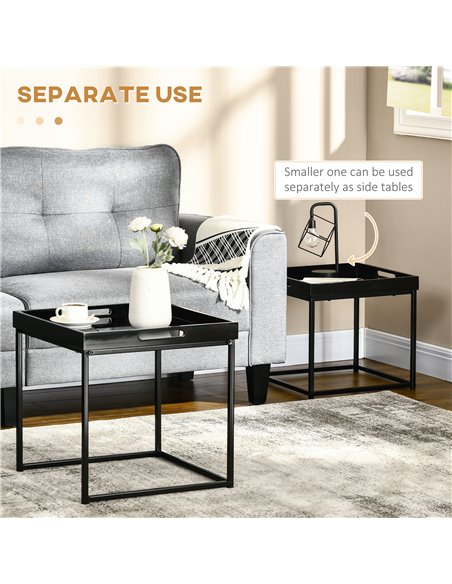 HOMCOM Modern Coffee Table Set of 2, Square Nest of Tables with Steel Frame and High Gloss Effect for Living Room, Black - pic 27001 | FastDaddyshop