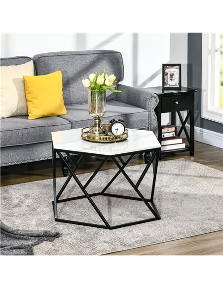 HOMCOM Coffee Table with High Gloss Marble Tabletop, Modern Cocktail Table with Steel Frame for Living Room, White - pic 27016 | FastDaddyshop