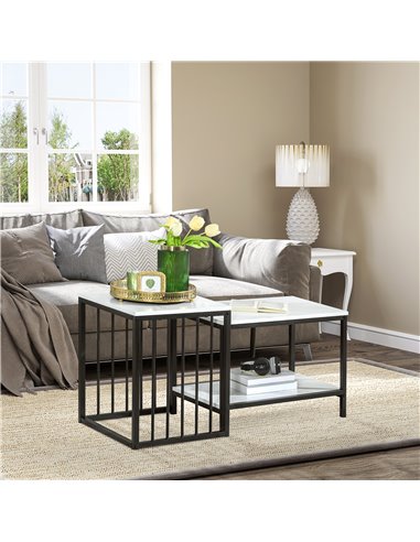 HOMCOM Modern Coffee Table Set of Two, Marble-Effect Nest of Tables with Steel Frame for Living Room, White and Black
