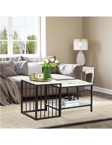 HOMCOM Modern Coffee Table Set of Two, Marble-Effect Nest of Tables with Steel Frame for Living Room, White and Black - pic 27025 | FastDaddyshop