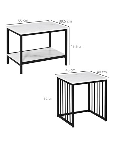 HOMCOM Modern Coffee Table Set of Two, Marble-Effect Nest of Tables with Steel Frame for Living Room, White and Black