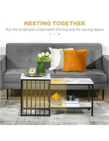HOMCOM Modern Coffee Table Set of Two, Marble-Effect Nest of Tables with Steel Frame for Living Room, White and Black
