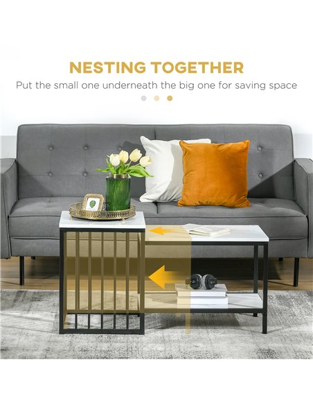 HOMCOM Modern Coffee Table Set of Two, Marble-Effect Nest of Tables with Steel Frame for Living Room, White and Black - pic 27027 | FastDaddyshop