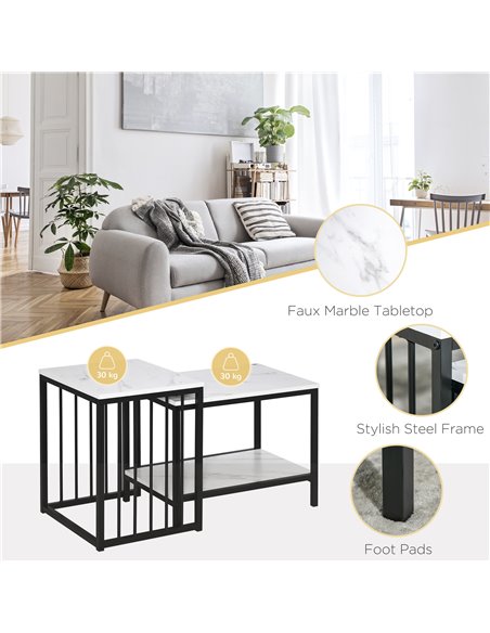 HOMCOM Modern Coffee Table Set of Two, Marble-Effect Nest of Tables with Steel Frame for Living Room, White and Black - pic 27028 | FastDaddyshop