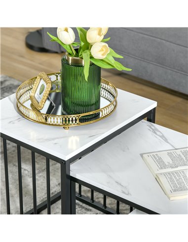 HOMCOM Modern Coffee Table Set of 2 with Marble Effect, White-Black 839-375