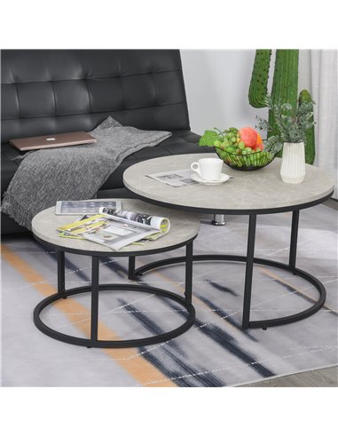 HOMCOM 2 Pcs Stacking Coffee Table Set with Marble-Effect Top, Black-Grey