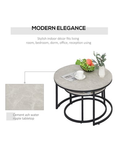 HOMCOM 2 Pcs Stacking Coffee Table Set with Marble-Effect Top, Black-Grey