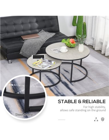HOMCOM 2 Pcs Stacking Coffee Table Set with Marble-Effect Top, Black-Grey 833-873