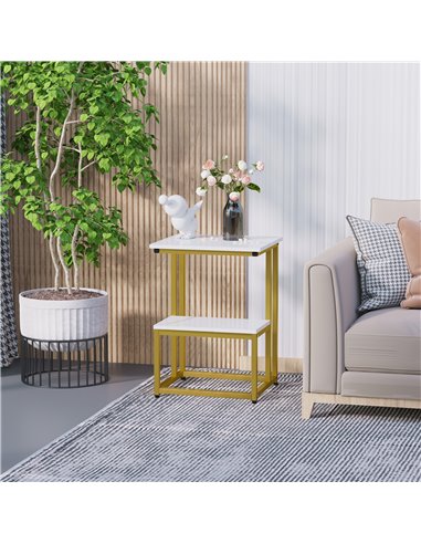 HOMCOM Side Table, Doule Layer End Table, Modern Coffee Table with Steel Frame, White