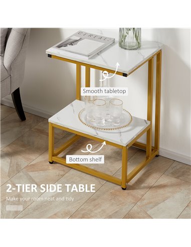 HOMCOM Side Table, Doule Layer End Table, Modern Coffee Table with Steel Frame, White