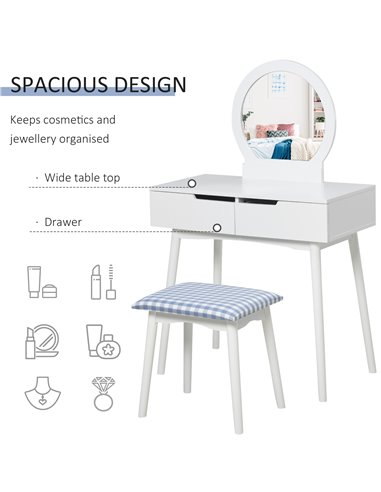 HOMCOM Dressing Table & Stool Set with Drawers, Mirror, White 831-335WT