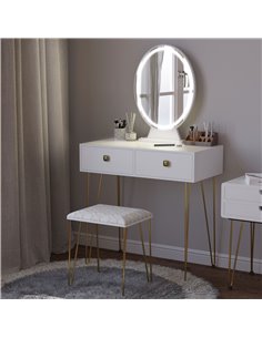 HOMCOM Dressing Table Set with LED Light, Round Mirror, 2 Drawers and Cushioned Stool, White 2