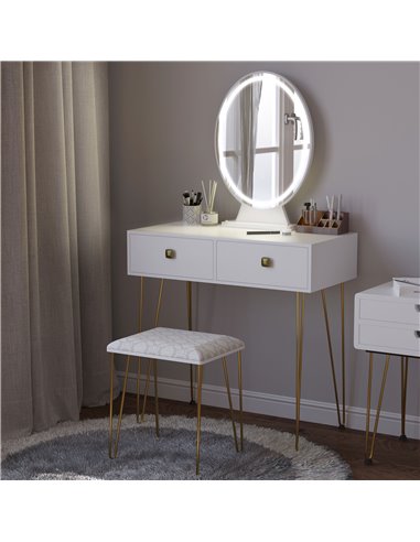 HOMCOM Dressing Table Set with LED Light, Round Mirror, 2 Drawers and Cushioned Stool, White