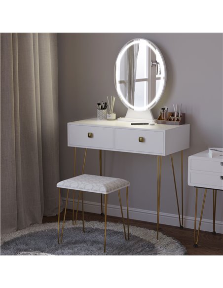 HOMCOM Dressing Table Set with LED Light, Round Mirror, 2 Drawers and Cushioned Stool, White - pic 27150 | FastDaddyshop