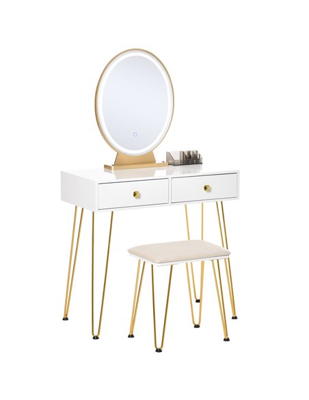 HOMCOM Dressing Table Set with LED Light, Round Mirror, 2 Drawers and Cushioned Stool, White - pic 27151 | FastDaddyshop