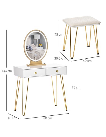 HOMCOM Dressing Table Set with LED Light, Round Mirror, 2 Drawers and Cushioned Stool, White - pic 27152 | FastDaddyshop