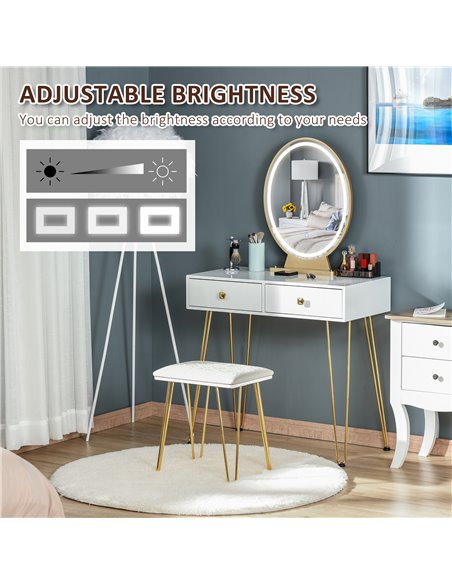HOMCOM Dressing Table Set with LED Light, Round Mirror, 2 Drawers and Cushioned Stool, White - pic 27153 | FastDaddyshop