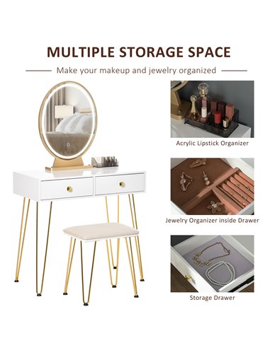 HOMCOM Dressing Table Set with LED Light, Cushioned Stool, White 831-395V70WT