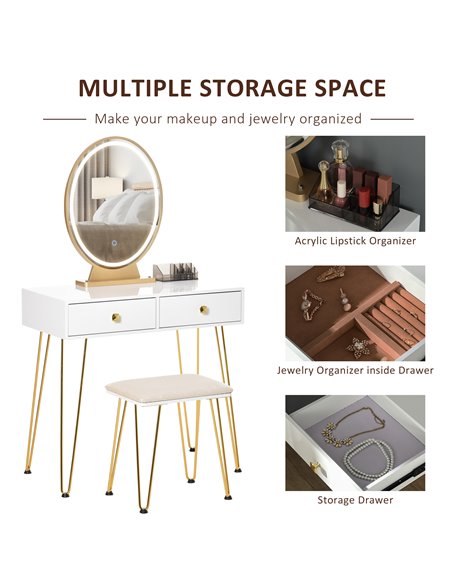 HOMCOM Dressing Table Set with LED Light, Cushioned Stool, White 831-395V70WT - pic 27155 | FastDaddyshop