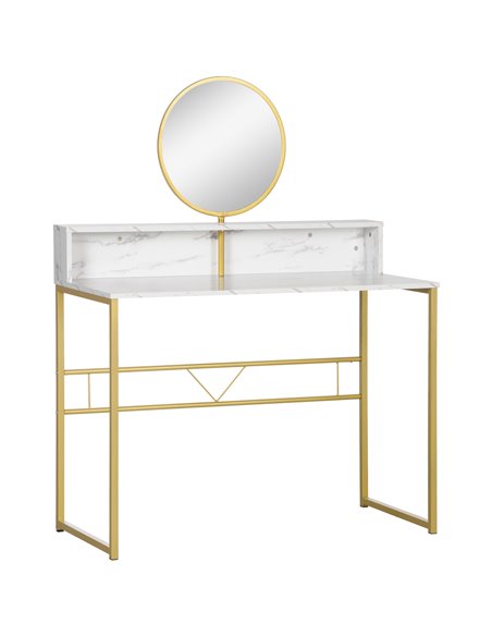 HOMCOM Modern Dressing Table with Round Mirror, Faux Marble Texture and Steel Frame, White - pic 27168 | FastDaddyshop
