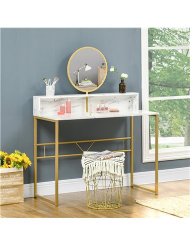 HOMCOM Modern Dressing Table with Round Mirror, Faux Marble Texture and Steel Frame, White