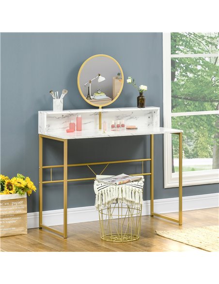 HOMCOM Modern Dressing Table with Round Mirror, Faux Marble Texture and Steel Frame, White - pic 27169 | FastDaddyshop