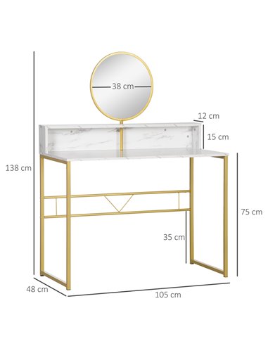 HOMCOM Modern Dressing Table with Round Mirror, Faux Marble Texture and Steel Frame, White