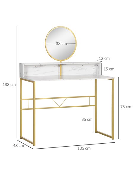 HOMCOM Modern Dressing Table with Round Mirror, Faux Marble Texture and Steel Frame, White - pic 27170 | FastDaddyshop