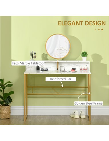 HOMCOM Modern Dressing Table with Round Mirror, Faux Marble Texture and Steel Frame, White