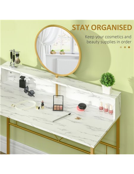 HOMCOM Modern Dressing Table with Round Mirror, Faux Marble Texture and Steel Frame, White - pic 27172 | FastDaddyshop