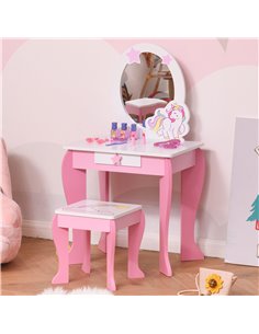 HOMCOM Kids Dressing Table with Mirror & Stool, Acrylic Mirror, Pink & White 2