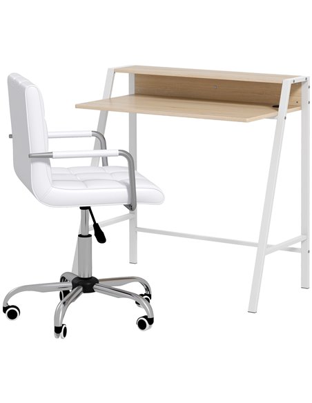 HOMCOM Home Office Chair and Computer Desk Set, Faux Leather Desk Chair with Swivel Wheels, Study Desk with Storage Shelf, White - pic 27312 | FastDaddyshop