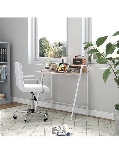HOMCOM Home Office Chair and Computer Desk Set, Faux Leather Desk Chair with Swivel Wheels, Study Desk with Storage Shelf, White