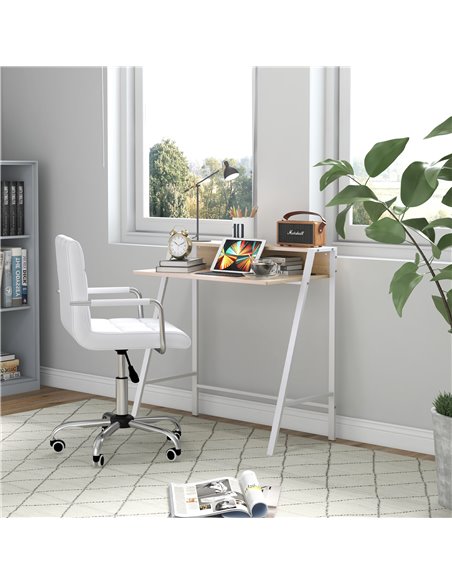 HOMCOM Home Office Chair and Computer Desk Set, Faux Leather Desk Chair with Swivel Wheels, Study Desk with Storage Shelf, White - pic 27313 | FastDaddyshop