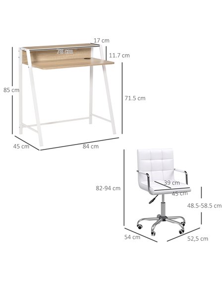 HOMCOM Home Office Chair and Computer Desk Set, Faux Leather Desk Chair with Swivel Wheels, Study Desk with Storage Shelf, White - pic 27314 | FastDaddyshop