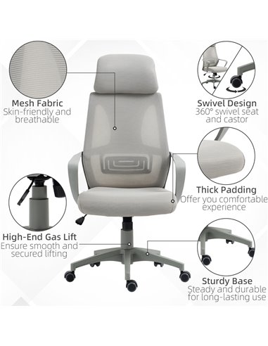 Vinsetto Ergonomic Office Chair w/ Wheel, High Mesh Back, Adjustable Height Home Office Chair - Grey