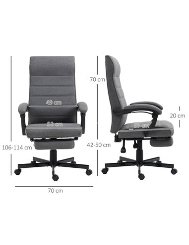Vinsetto High-Back Home Office Linen Swivel Reclining Chair with Adjustable Height, Footrest and Padded Armrest, Grey