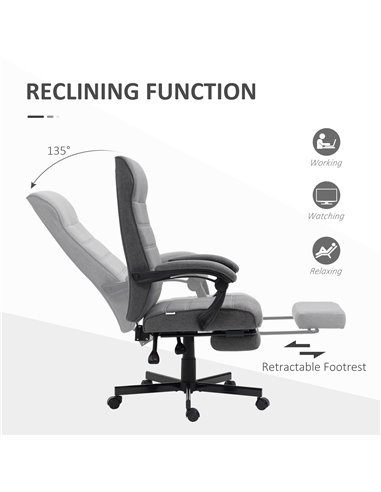 Vinsetto High-Back Home Office Linen Swivel Reclining Chair with Adjustable Height, Footrest and Padded Armrest, Grey