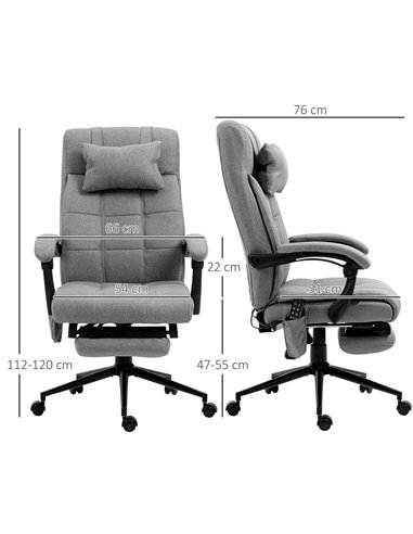 Vinsetto Vibration Massage Reclining Fabric Office Computer Chair with Heat, Head Pillow, Footrest, Armrest, Grey