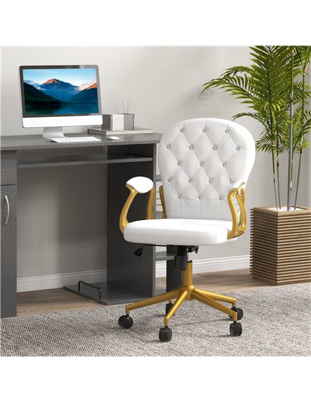 Vinsetto Height Adjustable Home Office Chair, Button Tufted Computer Chair with Padded Armrests and Tilt Function, Cream White - pic 27574 | FastDaddyshop